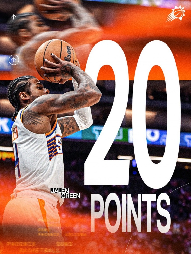 世界杯官方平台-得分全队最高！太阳官推发布杰伦·格林本场20分数据海报